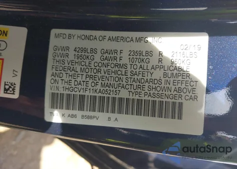 2019 Honda Accord Lx из США, поврежденный, VIN 1HGCV1F11KA052157